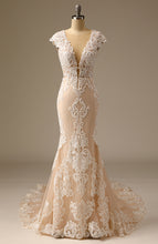 Load image into Gallery viewer, Champagne High Split Lace Appliqed Mermaid Wedding Dress with Trail