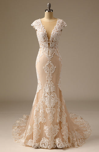 Champagne High Split Lace Appliqed Mermaid Wedding Dress with Trail