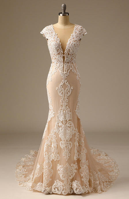 Champagne High Split Lace Appliqed Mermaid Wedding Dress with Trail