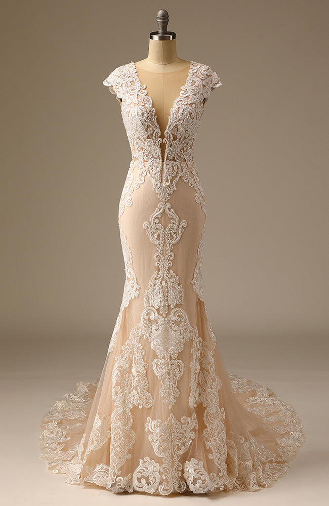 Champagne High Split Lace Appliqed Mermaid Wedding Dress with Trail