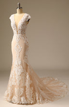 Load image into Gallery viewer, Champagne High Split Lace Appliqed Mermaid Wedding Dress with Trail