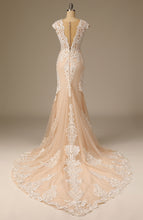 Load image into Gallery viewer, Champagne High Split Lace Appliqed Mermaid Wedding Dress with Trail