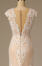 Load image into Gallery viewer, Champagne High Split Lace Appliqed Mermaid Wedding Dress with Trail