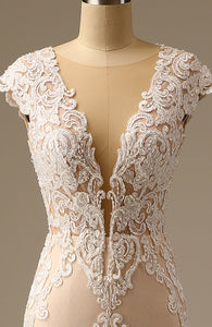Champagne High Split Lace Appliqed Mermaid Wedding Dress with Trail